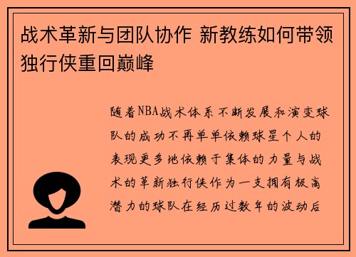 战术革新与团队协作 新教练如何带领独行侠重回巅峰