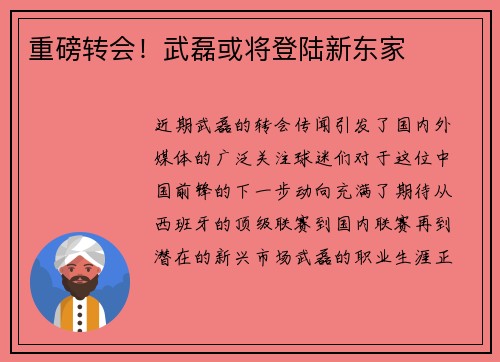 重磅转会！武磊或将登陆新东家