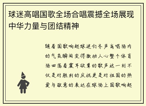 球迷高唱国歌全场合唱震撼全场展现中华力量与团结精神